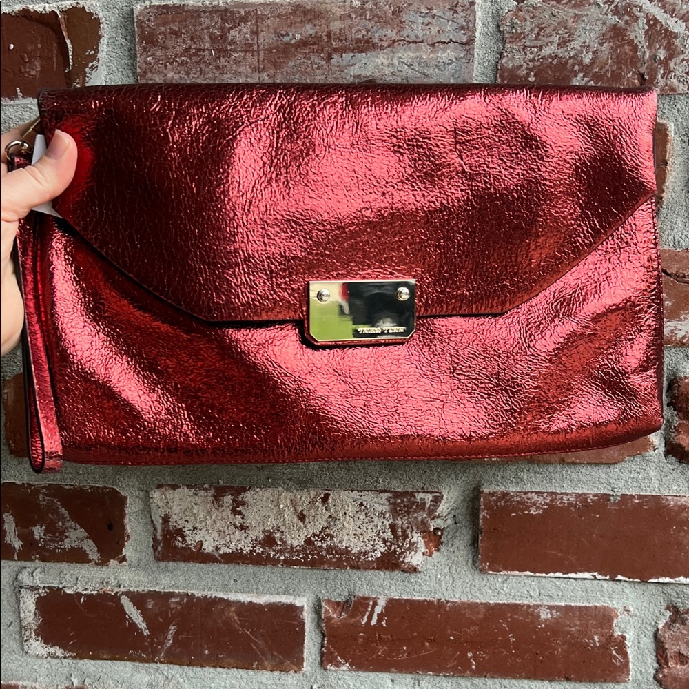 Trina Turk Red Shimmery Leather Clutch Bag